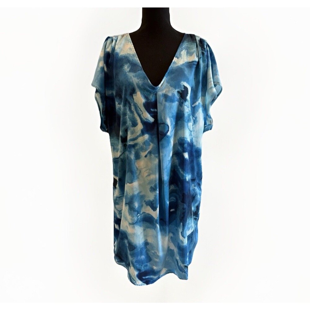 H by Halston Blue Watercolor Satin Dress Pockets Nightshirt Swim Cover Up S / M
